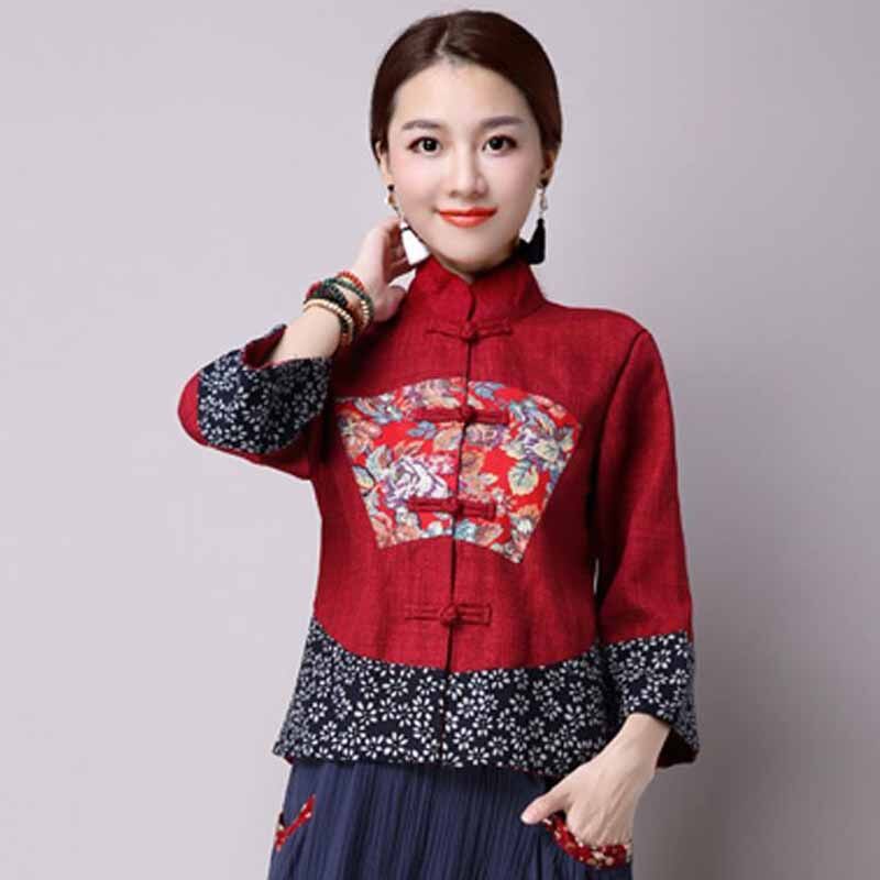 Tang Costum Vrouwen Plus Size Tops 2022 Herfst Katoen Prints Stand Kraag Traditionele Chinese Stijl Skinny Hanfu Shirts Vrouw