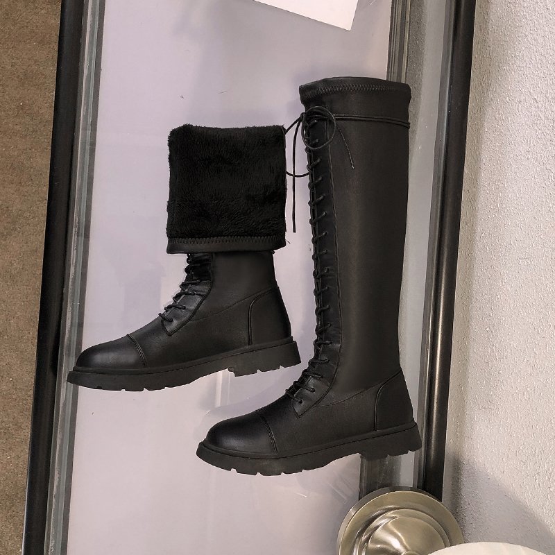 Rimocy elastiska stövlar med snörning dam bekväma platta knähöga stövlar kvinna slim fit långa pu läderskor dam