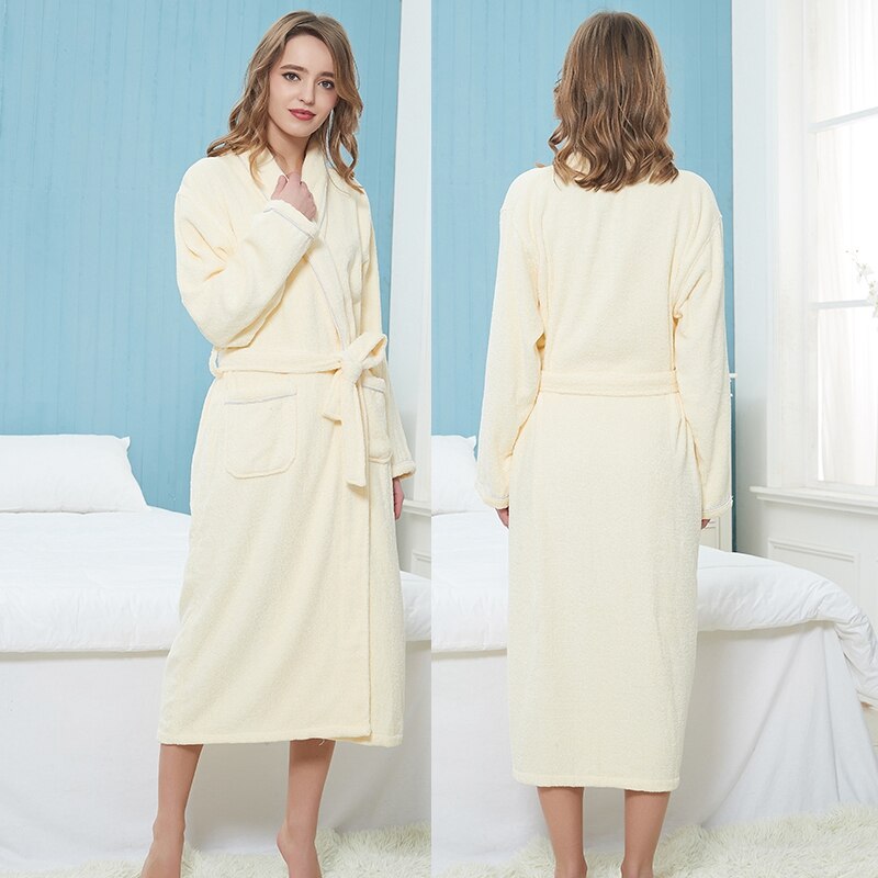 Vinter mænd badekåbe 100%  bomuld efterår tykt varmt håndklæde fleece bomuld morgenkåbe lang badekåbe hotel spa blød kimono kåbe: Gul / M (160-168cm)