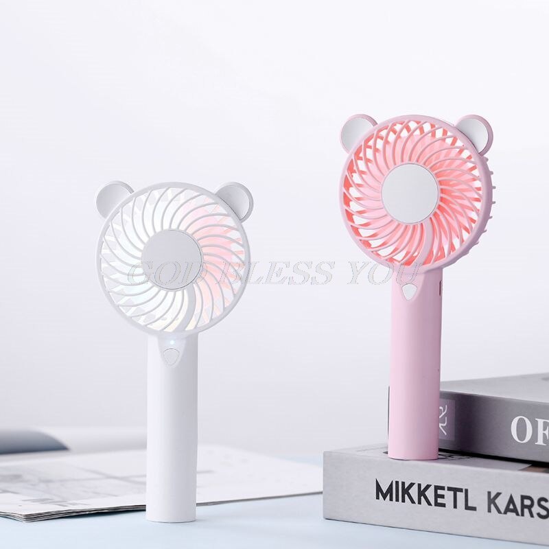 Cute Bear Cartoon Handheld USB Rechargeable Fan With LED Light Cooler Portable 3 Speed Adjustable Desktop Cooling Fan