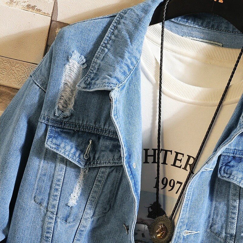 Spring Autumn Men Cotton Outwear Jacket Men Light Blue Denim Jackets Holes Jean Male Jackets Streetwear Casual Coats