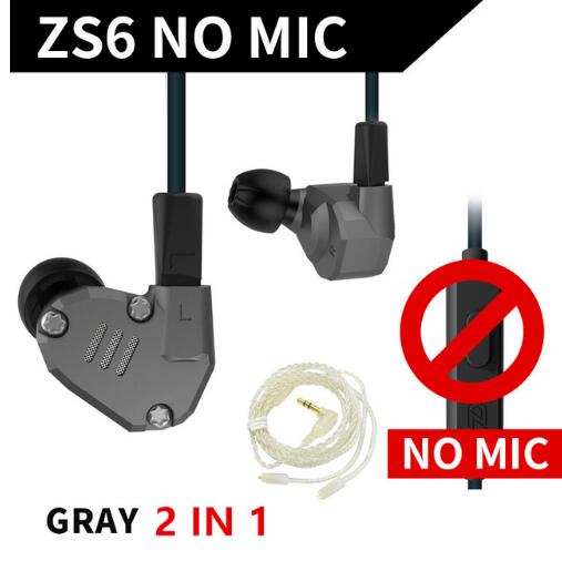 Kz ZS6 Grey Kleur 2DD + 2BA Hybrid In Ear Oortelefoon Hifi Dj Monito Running Sport Oortelefoon Oordopje Headset Metalen oordopjes Kz AS10: no mic silver cable