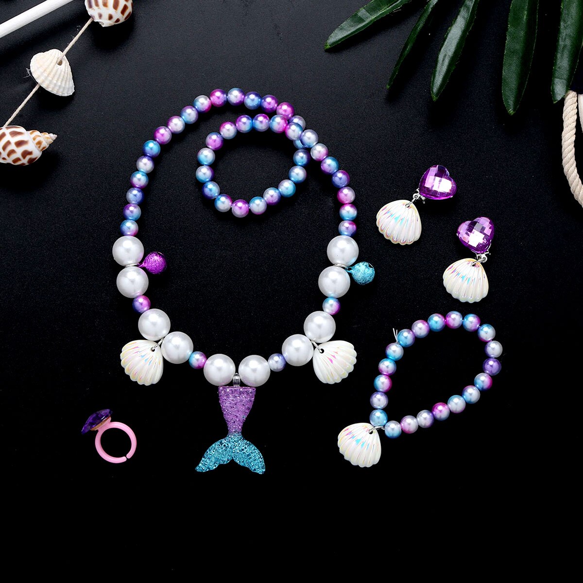 5pc barn jente paljett havfrue hale perle skall anheng halskjede armbånd øre klips ring sett jente havfrue tilbehør med bjeller: Default Title