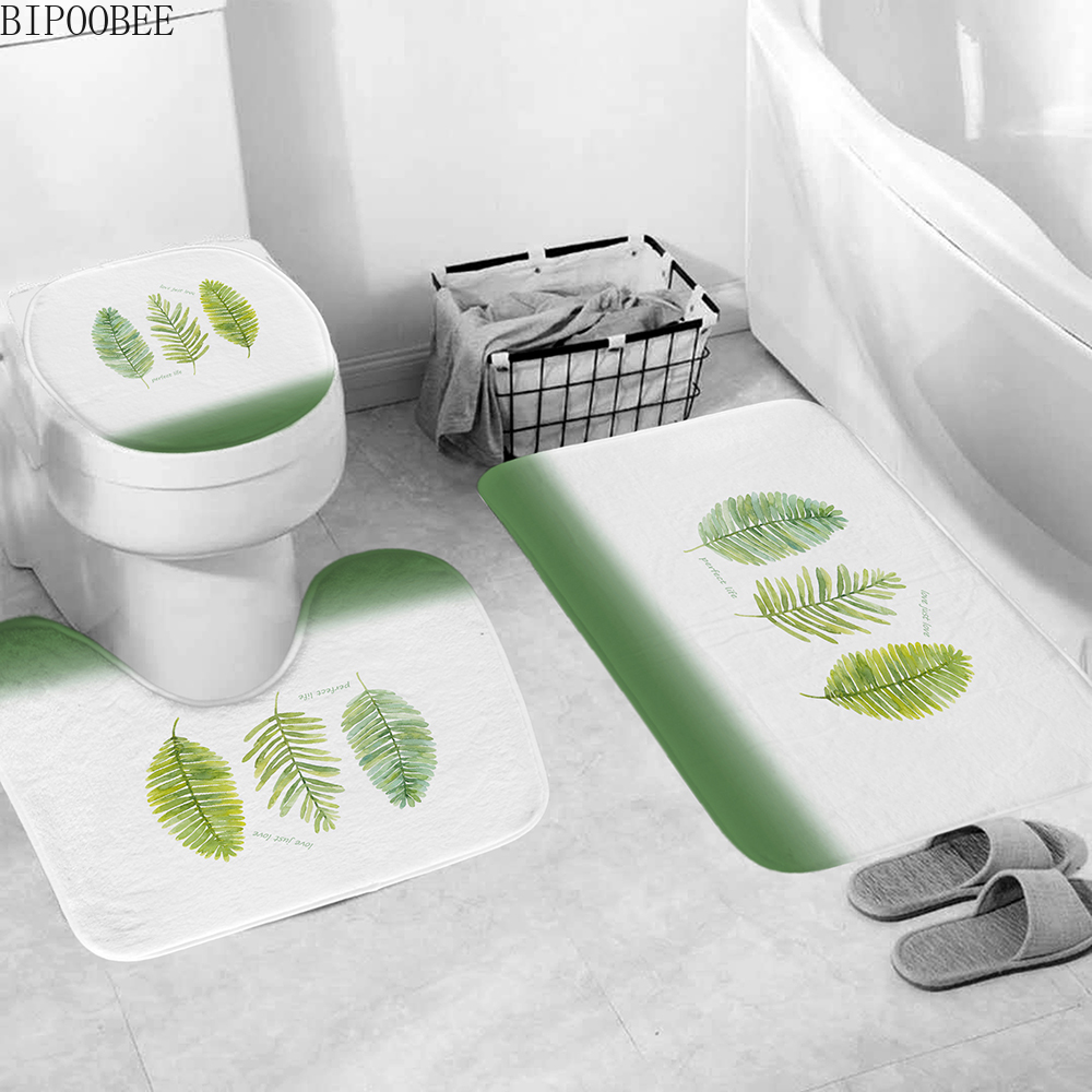 Groene Bladeren Afdrukken Douchegordijn Tropische Planten Natuurlijke Badkamer Gordijnen Anti-Slip Badmat Set Wc Tapijten Tapijt: D 3PCS