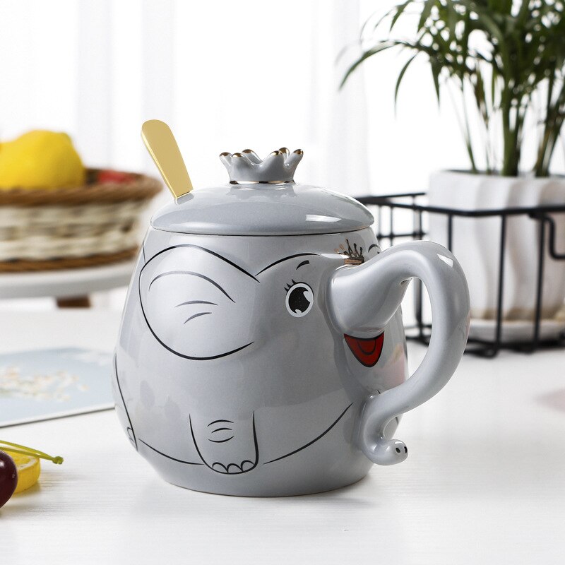 Cartoon Stereo Relief Elephant Ceramic Coffee Mug With Lid Spoon Home Office School Milk Tea Water Mugs Drinkware Cup: 5