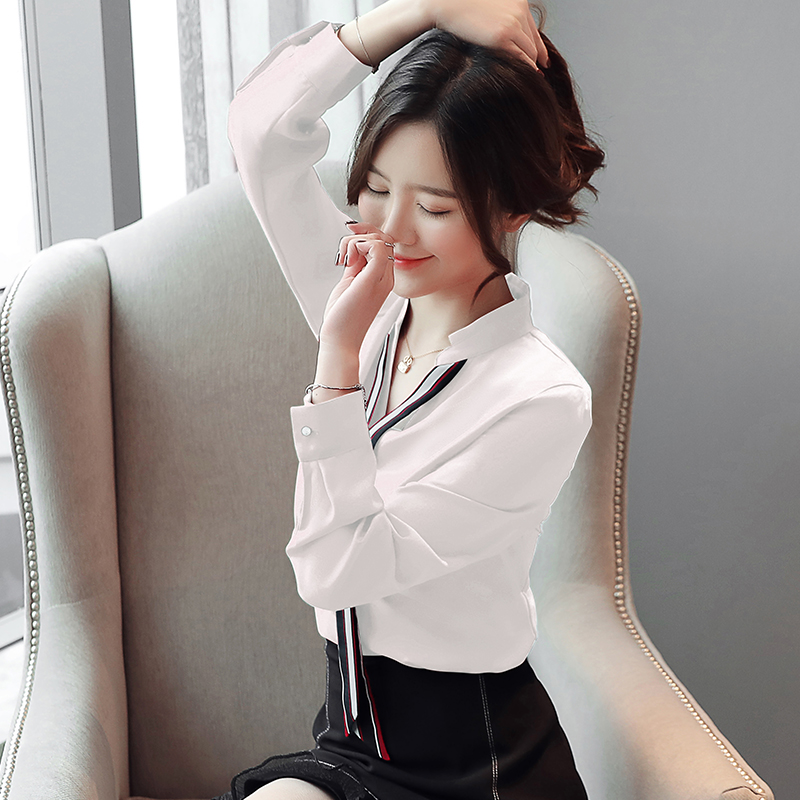 Chemisier coréen en mousseline de soie pour Femme, blouse avec col en v, à manches longues, en Patchwork, pour le travail, chemise blanche, rouge