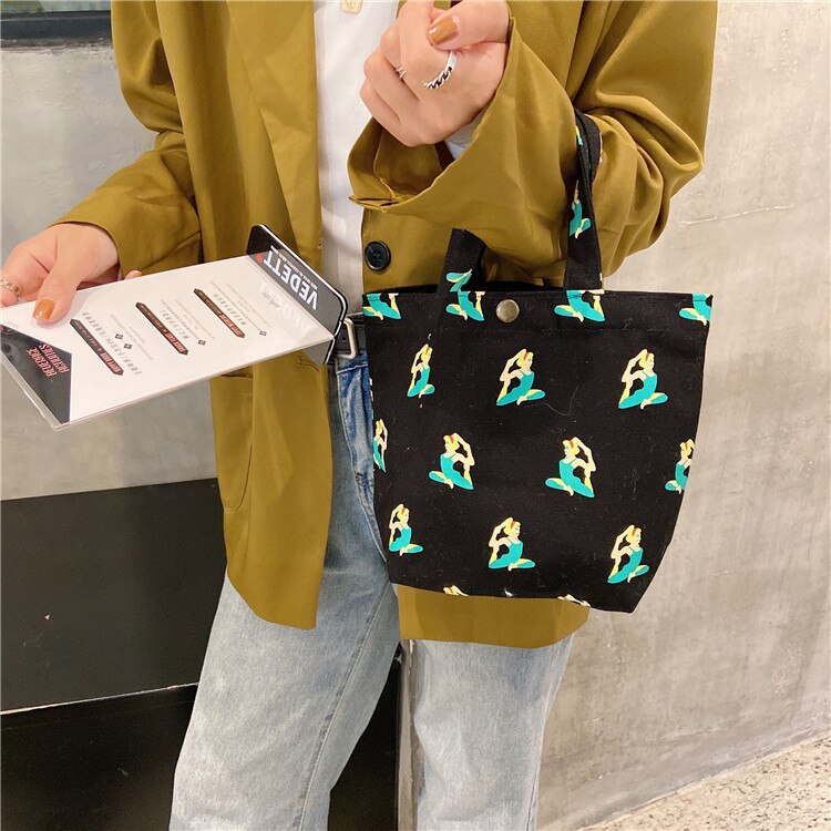 Sacs à provisions en toile mini-portables, simples, petits sacs en tissu pour femmes, couleur unie pure, fourre-tout décontracté, sacs en toile de coton, sac à main: Mélange noir