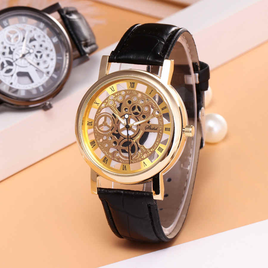 Foloy Watch For Men PU Leather Band Hollowing out Analog Alloy Quartz Wrist Watches Men Watch Clock: 9