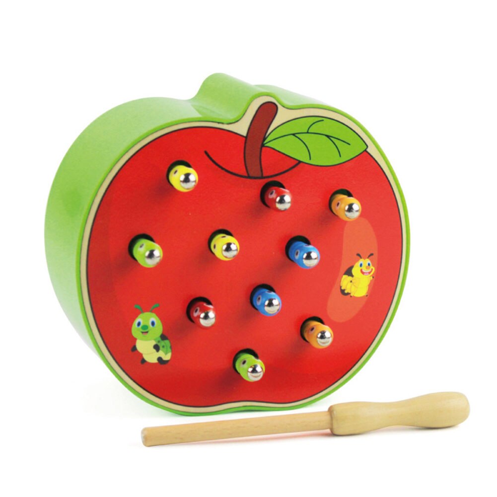 Fruitvormige houten magnetische vangst kleurrijke wormen spel interactief kinderspeelgoed: Appel