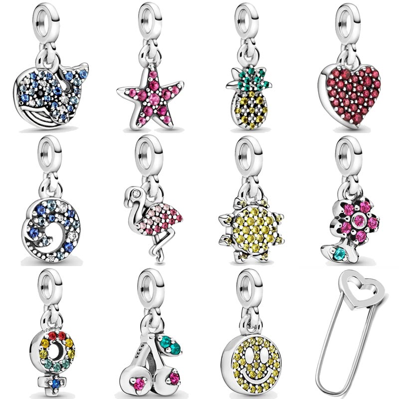 My Love Ocean Wave Starfish Flamingo Whale Me Safety Pin Brooch Pendant Beads 925 Sterling Silver Charms Fit Bracelet Jewelry