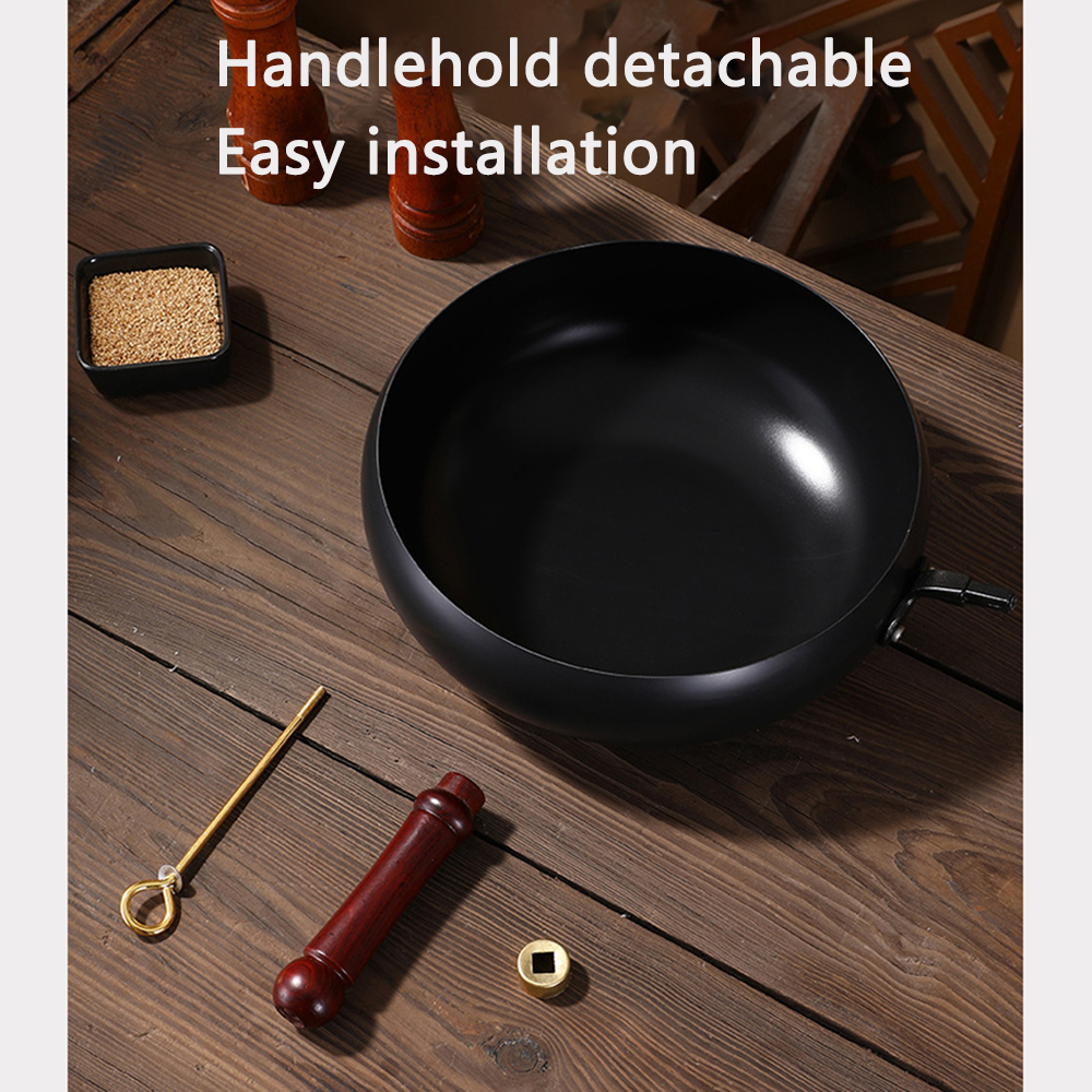 24cm/28cm Uncoated Pot Non - stick Wok Hand-made Iron Pot with Wooden Lid Cooking Pan for Induction Electric Gas All Stoves