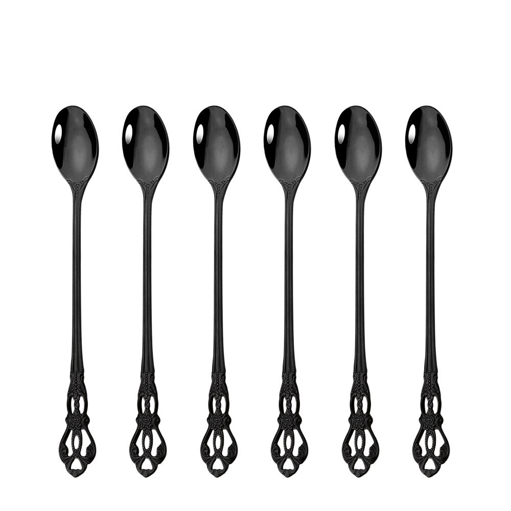 Juego de cubiertos de acero inoxidable, Set de vajilla de arcoíris, cuchillo, tenedor, cuchara occidental, Retro, 6/30 piezas: 6Pcs Black