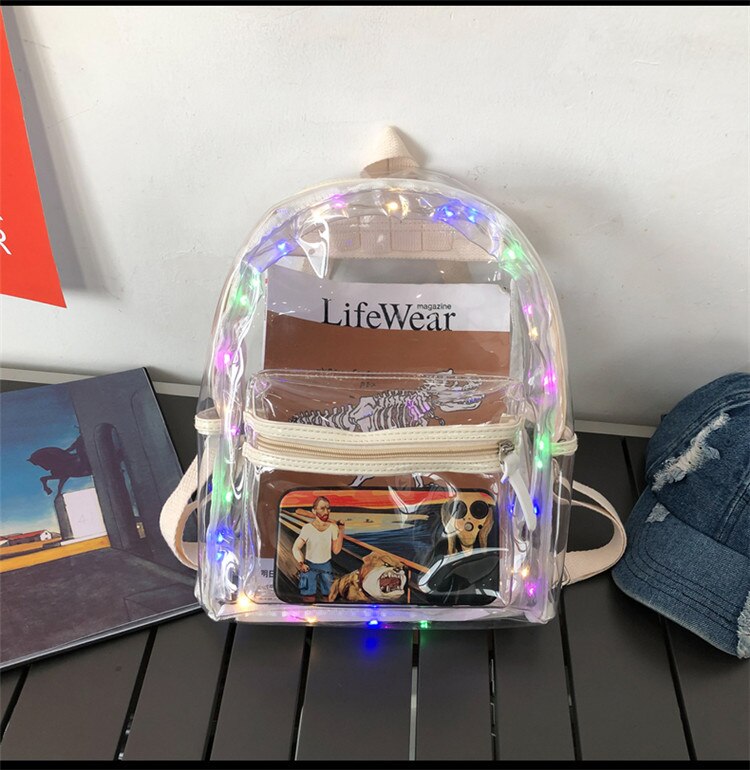 Pvc Waterproof Transparent School Bag With Light Backpacks Large Capacity Backpack Solid Clear Backpack