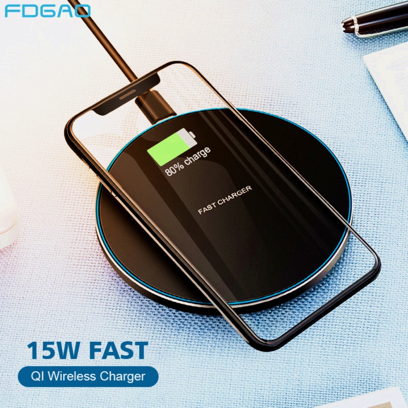 Fdgao 15w qi trådløs opladerplade til iphone 11 xs max xr  x 8 airpods pro samsung  s20 s10 s9 hurtig opladningsstation telefonoplader