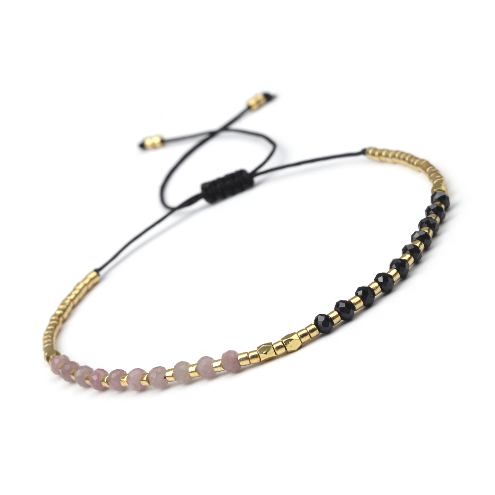 2 x 3mm dobbel steinarmbånd med naturstein og frøperler, justerbare armbånd som passer for menn og kvinner til daglig bruk.: Sort sinkbelagt