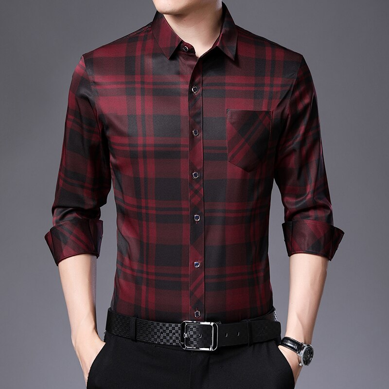 Miacawor Heren Shirts Lente Lange Mouw Slim Fit Camisa Masculina Business Casual Plaid Shirts Vintage Mannen Kleding C589: Rood / Asian XXL