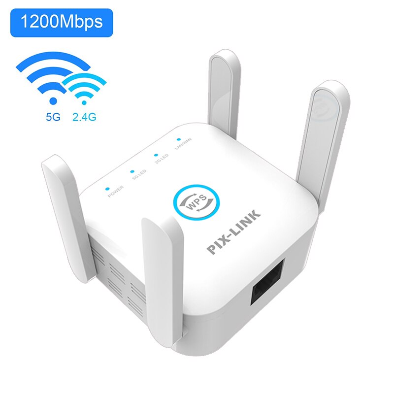 PIXLINK 2.4Ghz/5Ghz WiFi Repeater Wireless Long Range Extender AC1200 Network Booster Amplifier Rourter&#39;s Signal 300/1200Mpbs: UK plug / 1200M 2.4G 5G White