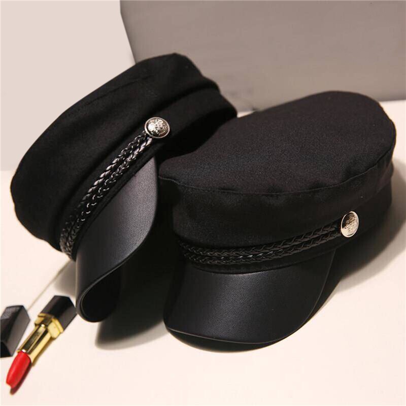 Unisex mössa enfärgad pu läder platt topp keps resa kapten keps kadett hatt vår höst hattar för vuxna