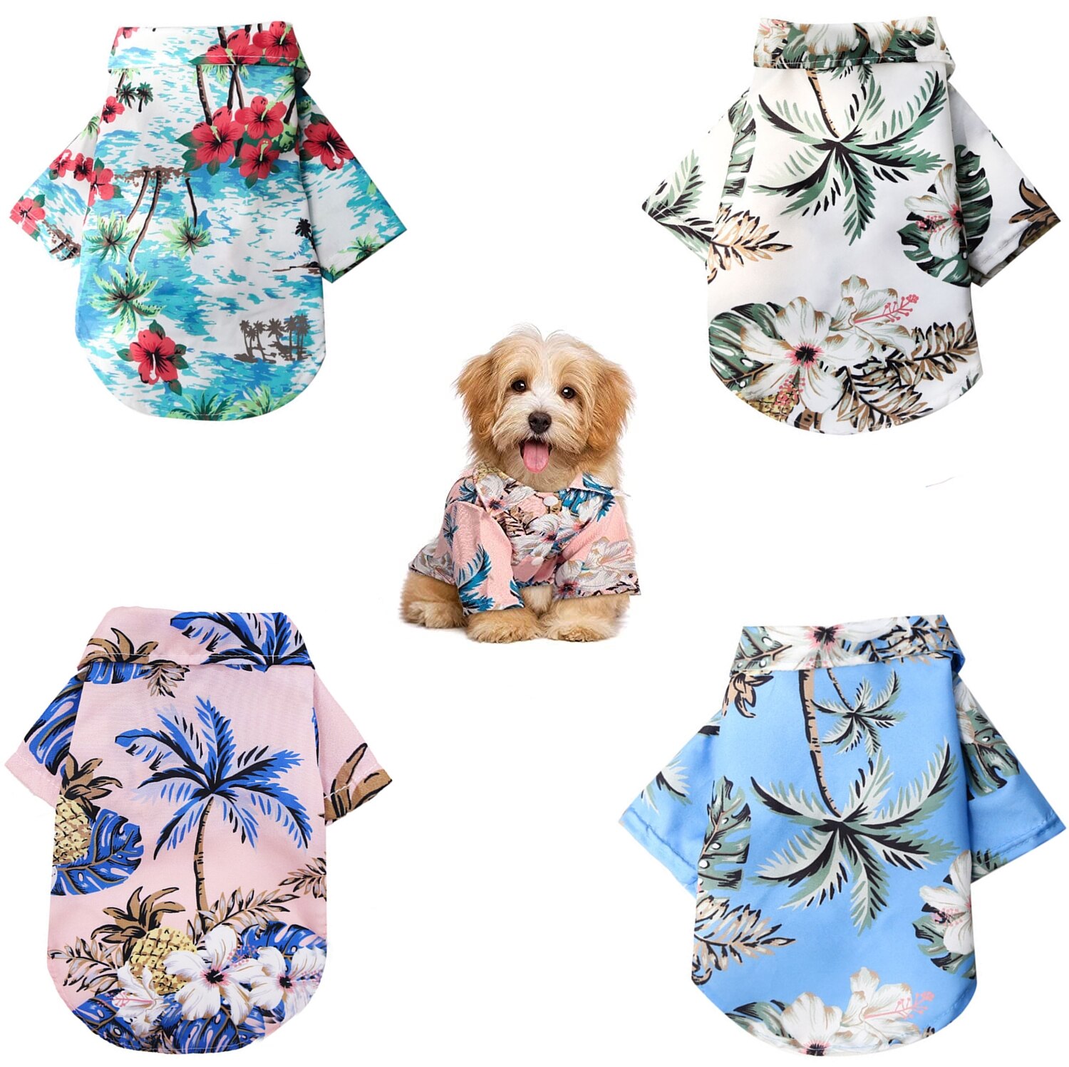 Camisetas hawaianas para perros y gatos, ropa con estampado de árbol de coco, traje para mascotas, 4 piezas: Hawaiian / XS-0.5-1.5kg