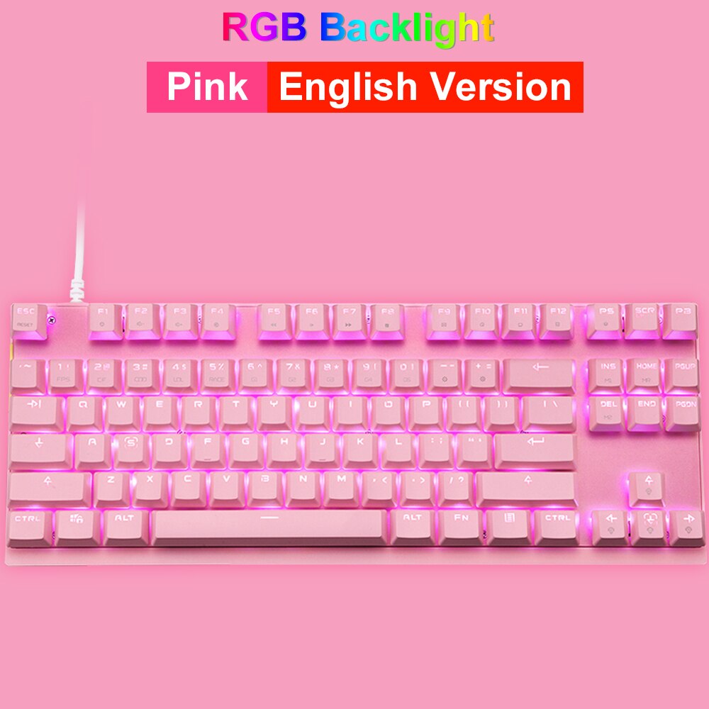Motospeed USB Wired 87 Key Gaming Mechanical Keyboard RGB Backlit Russian Spanish for Computer Laptop Mac Windows Android: Pink English / Red Switch
