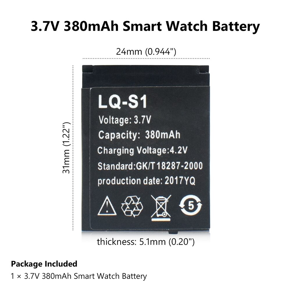 3.7V LQ-S1 380mAh SmartWatch Rechargeable Li-ion Li-po Lithium Polymer Battery For Smart Watch DZ09 QW09 W8 A1 V8 X6 31x24x5.1mm