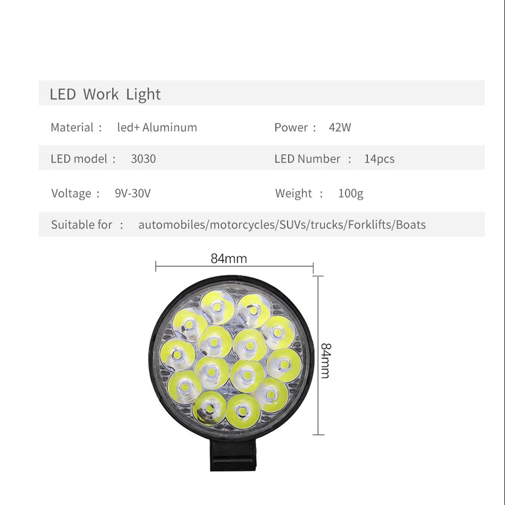 2pcs/set Car Truck Round Work Lights 14-LED Spot Light Flood 12V 24V Bulb Driving Lamp Waterproof Work Lights With Bracket 6500K