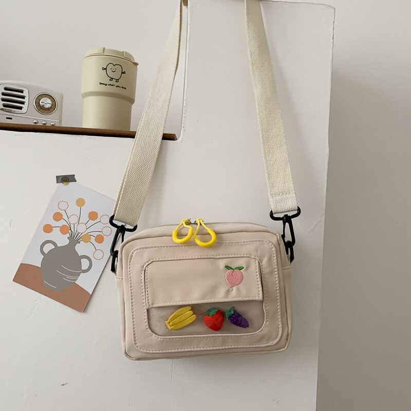 Bolsas de lona feminina 2020 novo estilo coreano frutas bordadas sacos do mensageiro claro estudantes sacos ombro crossbody sacos: WHITE