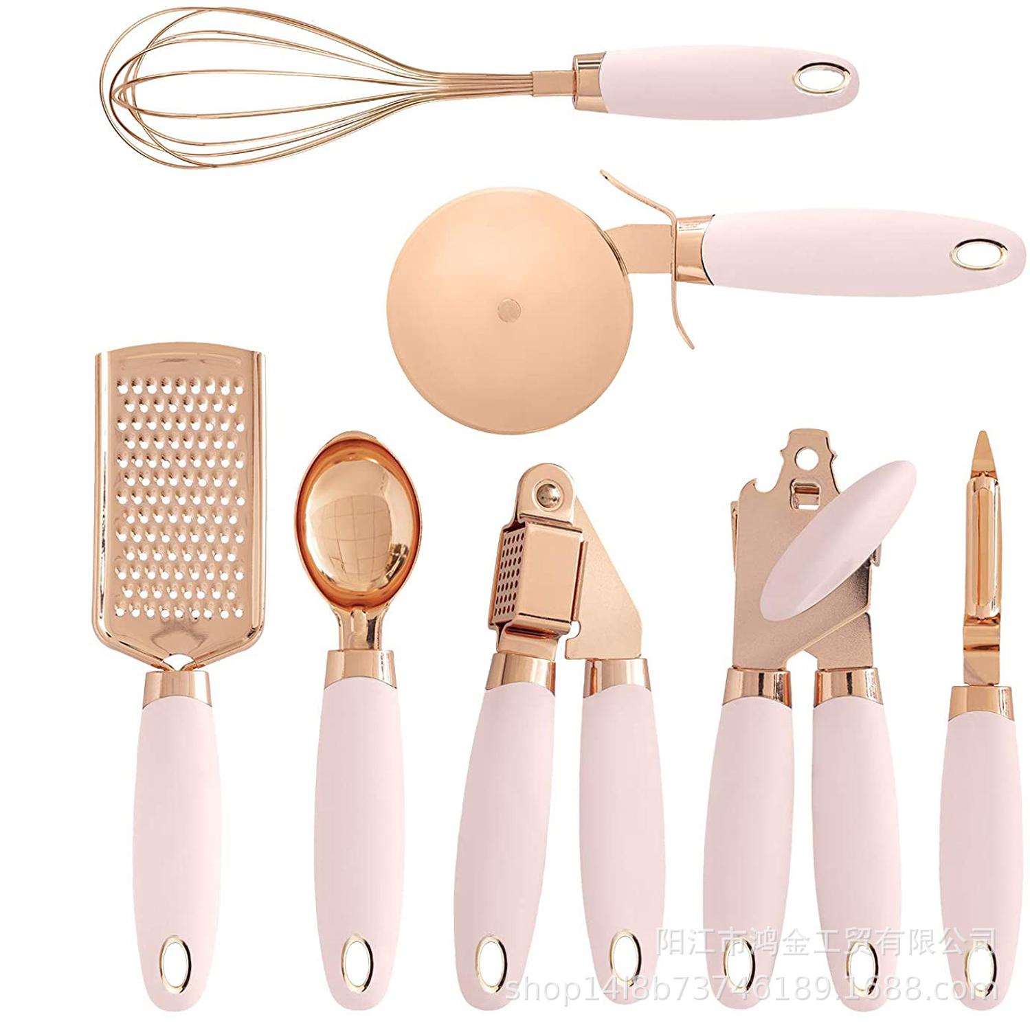 7 Pcs Kitchen Gadget Set Stainless Steel Baking Cooking Utensils ice scream spoon peeler garlic press cheese grater whisk Home: pink