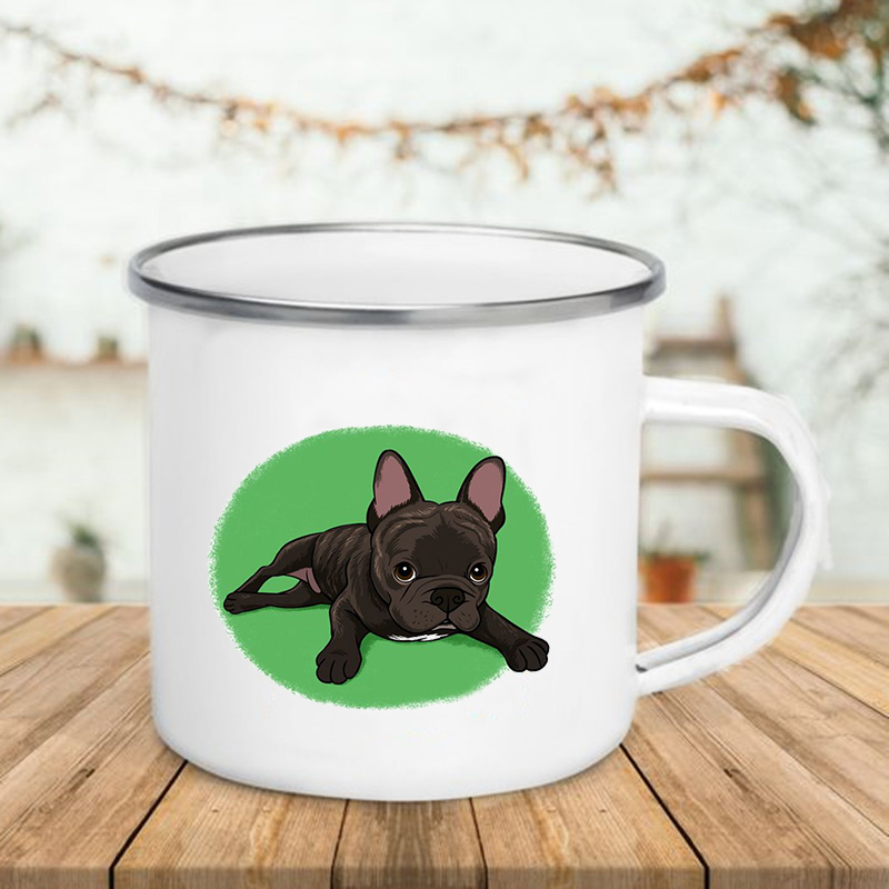 Taza de esmalte con estampado de Bulldog, tazas creativas para café, té, desayuno, leche, Camping, con asa, para amantes de los perros