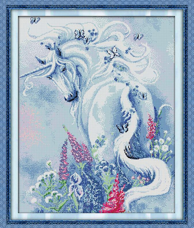 Joy Sunday Unicorn Series Embroidery 11CT Printed Fabric 14CT Canvas DMC Counted Chinese Cross Stitch Kits Crafts Home Decor: D322-2 / 11CT White Fabric