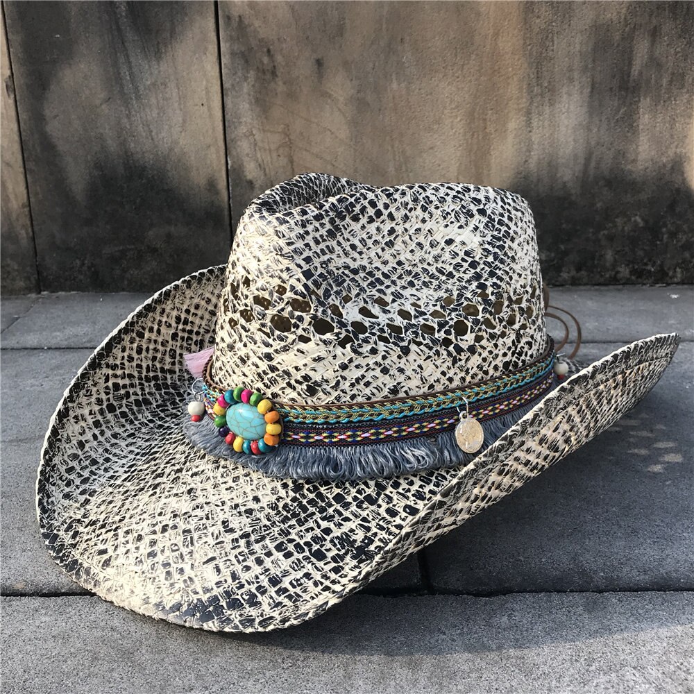 Sommer kvinder halmhul vestlig cowboyhue dame sombrero hombre hat fascinerende kvast sunbonnet cowgirl solhat: Hvid heo