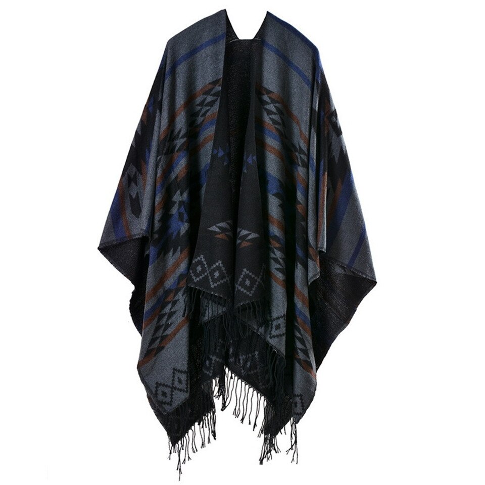 Écharpe ethnique Poncho femme | Bohème, imprimé, sculptures de couverture dame en tricot, châle gland Cape épaisse Pashmina, automne hiver