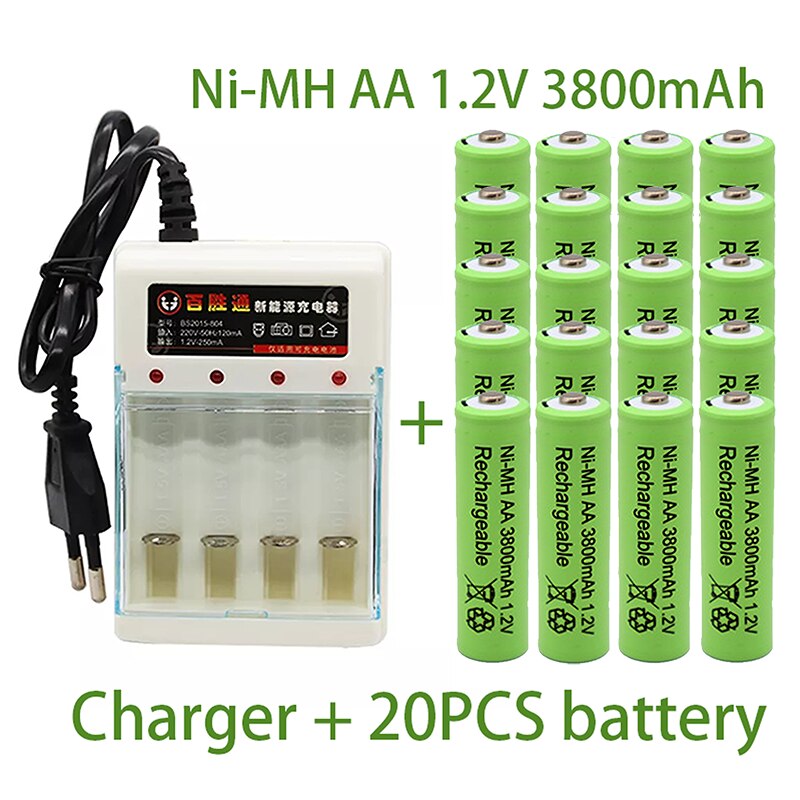 Aa 1.2v 3800 mah batteri ni-mh genopladeligt batteri til legetøjsfjernbetjening genopladelige batterier  aa 1.2v batteri+oplader