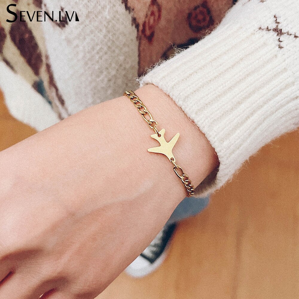 Sevenlv-abalorio de avión dorado de acero inoxidable para hombre y mujer, pulsera Vintage con doble agujero, colgante de avión, de joyería