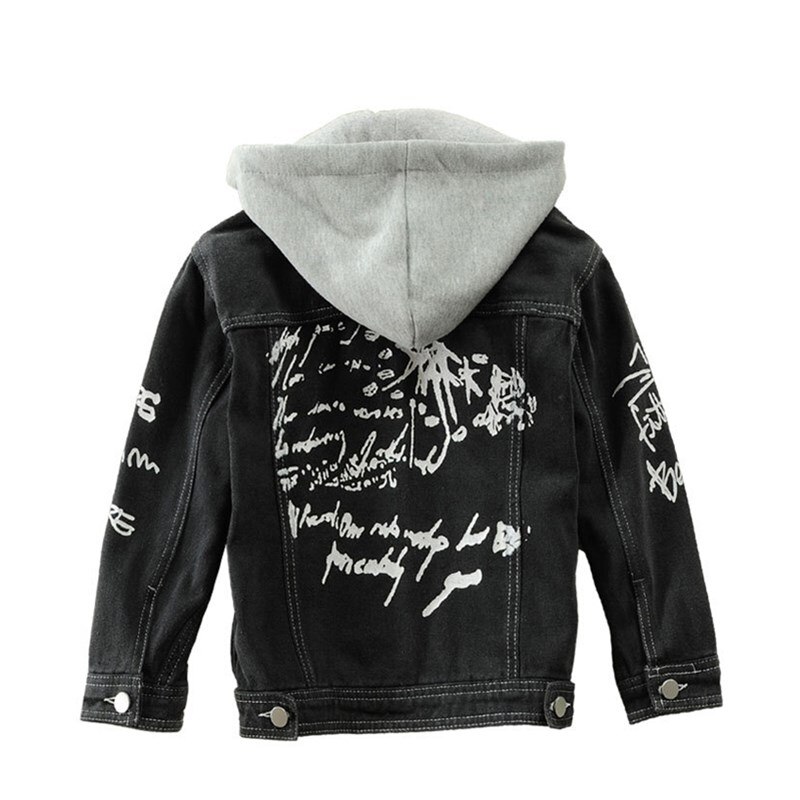 Black Denim Jacket Kids Print Children Jean Coat With Hood For Teen Boys 100-160 CM Outewear LC083