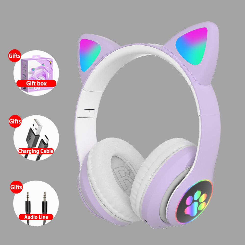 Cat Ears Cute Wireless Helmets Bluetooth Headphone Big Wireless bluetooth Headset LED Kid Girl Helmet Phone Headset Earbud: Purple Headsets