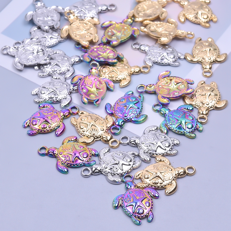 Colgante de acero inoxidable para la fabricación de joyas, dijes de animales marinos, concha, estrella de mar, Tortuga, tiburón, mariposa, Color dorado, 5 unidades por lote