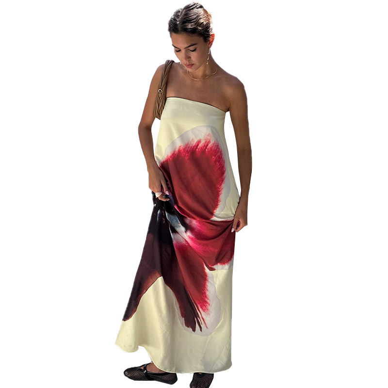 CUTENOVA Sexy Strapless Print Bloemenriem Dames Maxi Jurk Geel Backless Hoge Taille Jurken Zomervakantie Elegante Strandkleding: M / Rood
