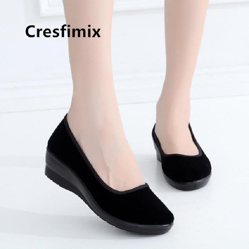 Cresfimix kvinder kilehæl sorte balletsko damer afslappede dansesko cool slip on forår sko dames schoenen  a5489