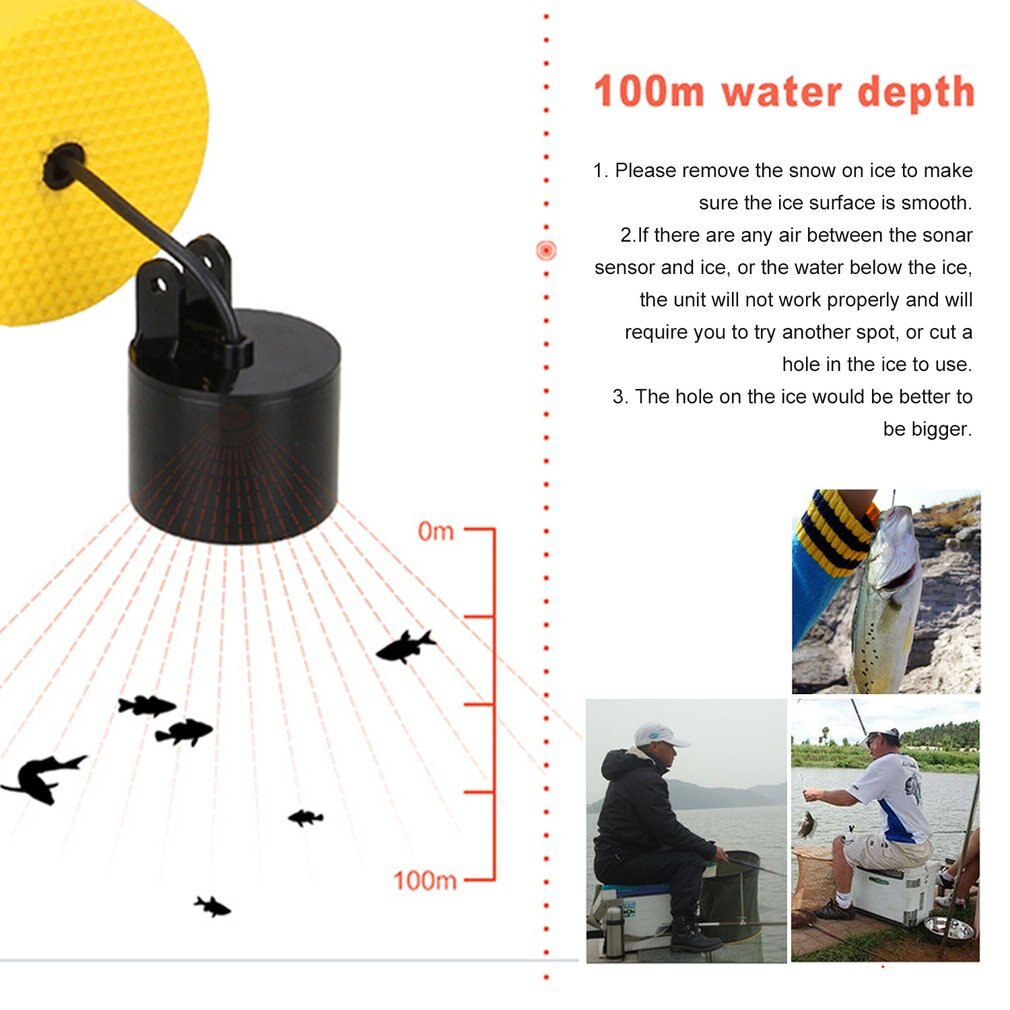 Sonar de pêche Portable 0.7-100m, sondeur d'alarme, transducteur de poisson, avec batterie, affichage en anglais