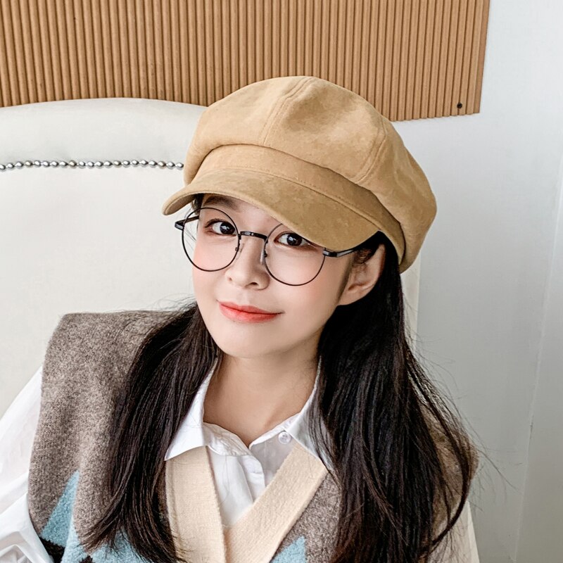 Women Hat Autumn Retro Octagonal Newsboy Cap Ladies Solid Plain Cotton Beret Hat Female Vintage Artist Painter Hat Women Berets: khaki