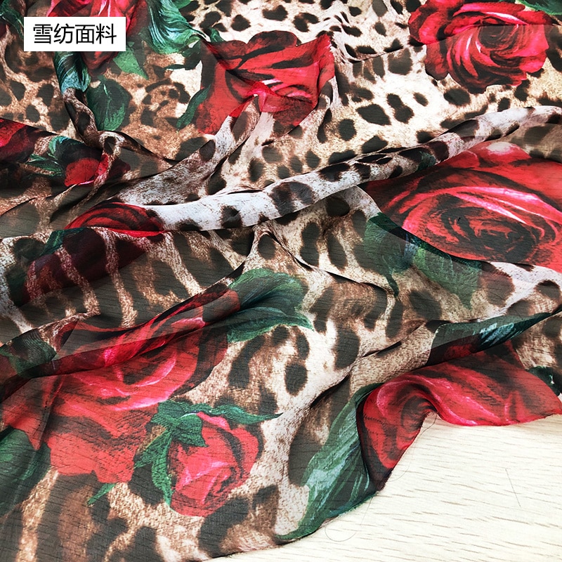 145cm Width Leopard Rose Flower Digital Painting Thin Chiffon Fabric For Woman Summer Dress Blouse DIY Cloth Sewing