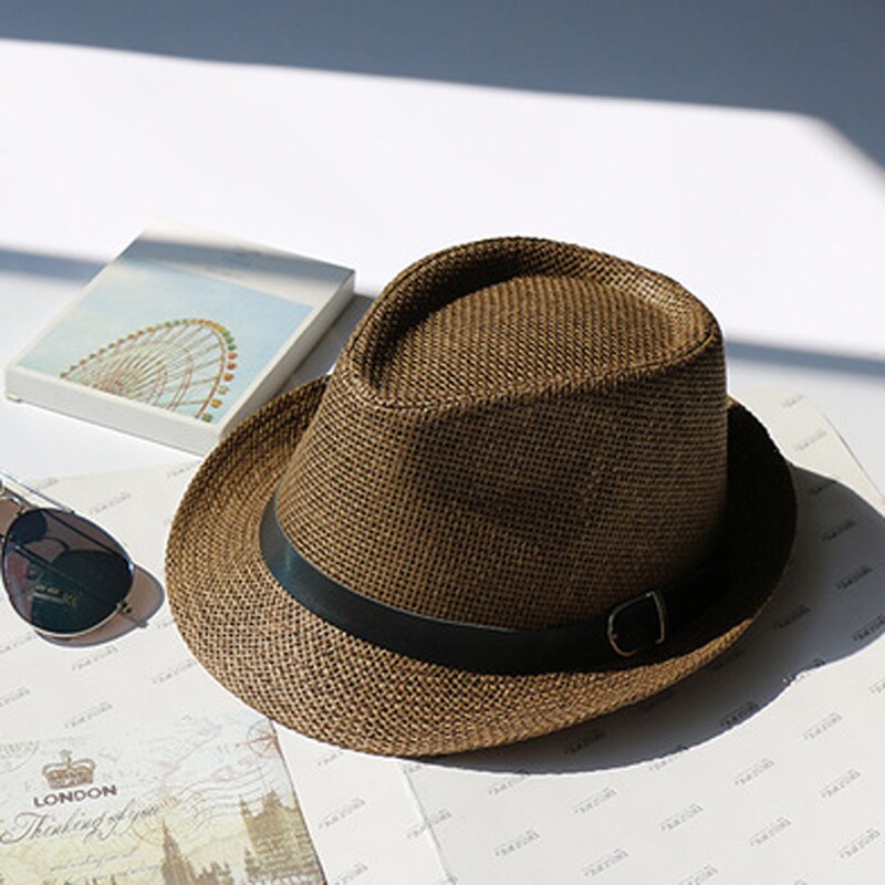 Summer Men Women Children Paper Straw Hat Trilby Gangster Cap Beach Sun Hats Straw Parent-child Jazz Hats Travel Fedoras GH-625: coffee buckle / 54cm
