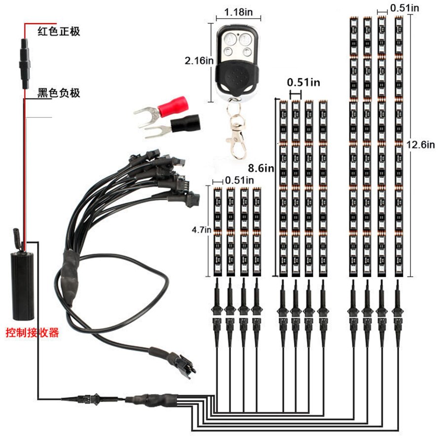 12 in 1 Motorcycle 5050 SMD RGB LED Ambient Light DC 12V Under Glow Strip Light Kit Remote Control 15 colors