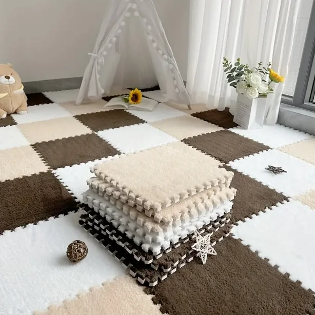 Soft Fluffy Puzzle Foam Floor Mat-Interlocking Square Play Mat Tiles for Kids Baby Nursery,Non-Slip Carpet Rug bedroom rug