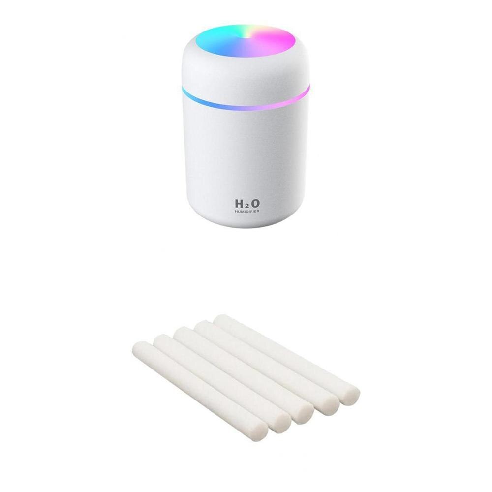 300ml Air Humidifier Ultrasonic Mini USB Aroma Essential Oil Diffuser Cool Mist Maker with Colorful Light for Car Home: White 5 filters