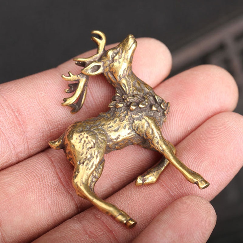 Vintage Copper Deer Ornaments 1 Pair Solid Brass Sika Deer Figurines Lucky Feng Shui Crafts Sculpture Home Office Desk Deoration