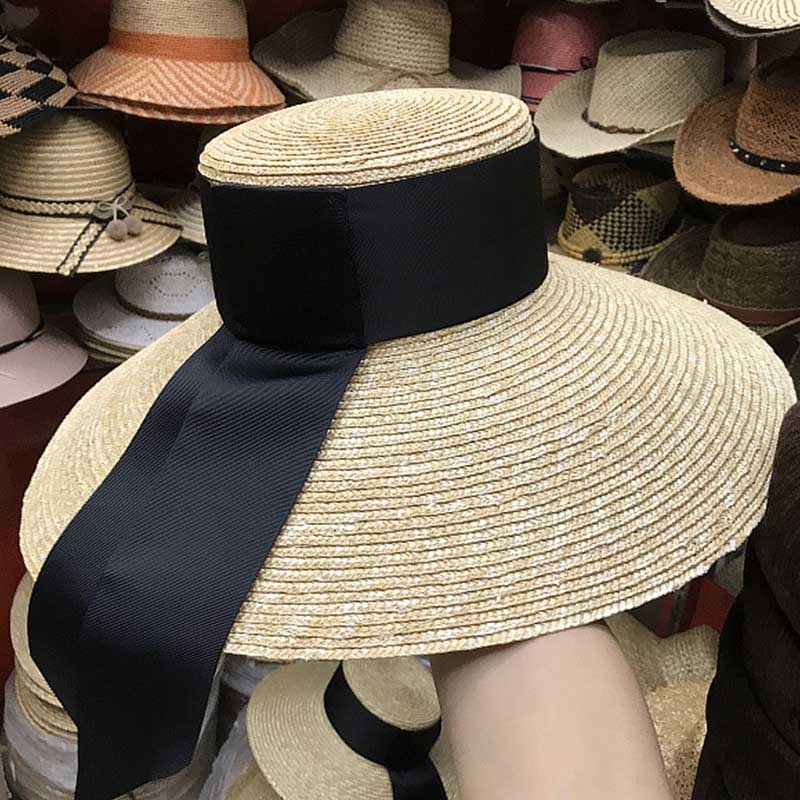 Kvinder klassisk hvede stråhat sommer cap 18cm store brede kant sol hat floppy bånd strand hat kald derby hat: 15cm rand stil 6