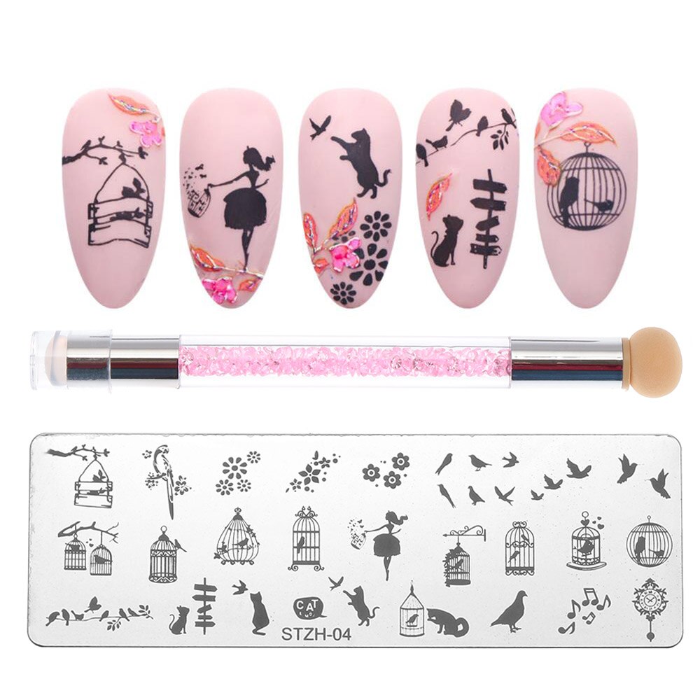 1 Set Geometrie Dieren Nail Designs DIY Nail Art Stamp Stempelen Template Bloem Manicure Image Plaat Stencil Met Spong pen: STZH-04