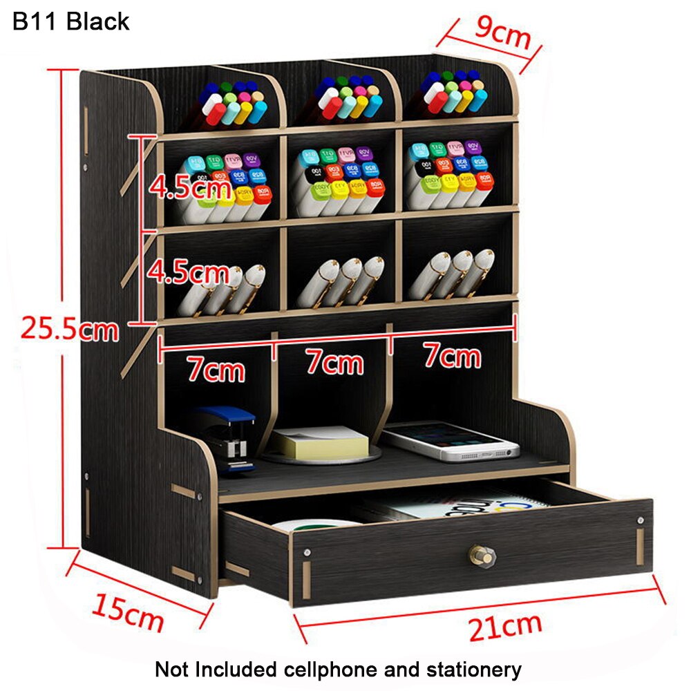 1PC Multi-Functional DIY Wooden Versatile Compartment Desk Organizer Pencil Holder Office School Desktop Storage Box with Drawer: B11 black